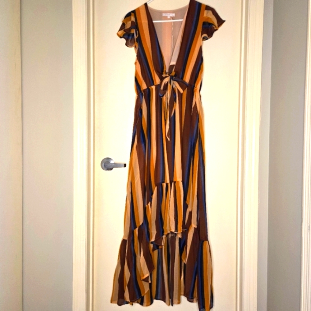NWT striped Maxi tie front dress Olivaceous
